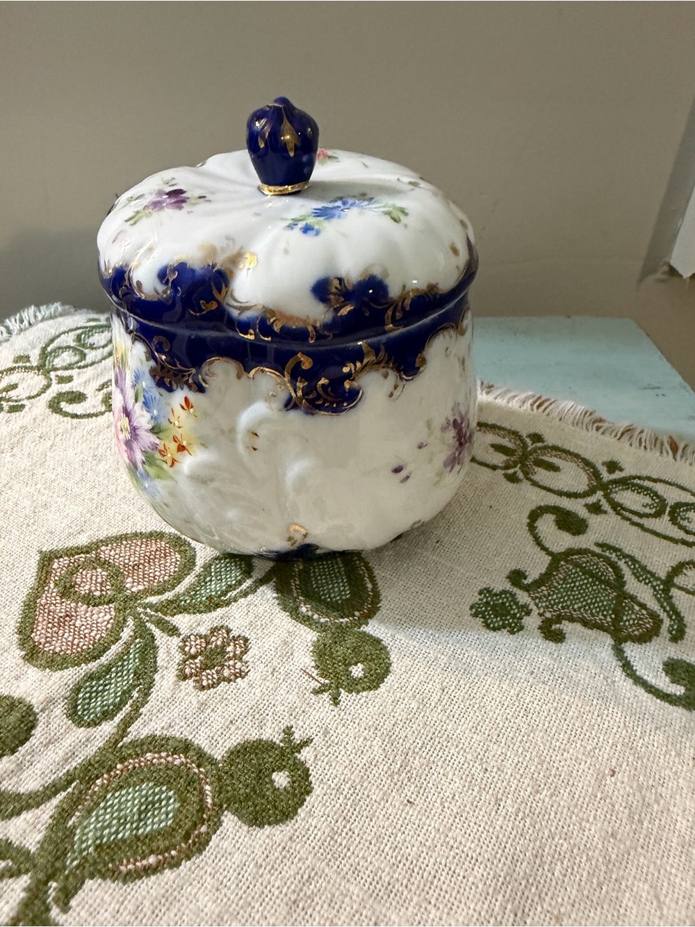 Antique Nippon Porcelain Floral Covered Jar in White and Cobalt Blue